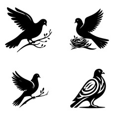 Fototapeta premium Elegant black and white flying dove silhouette set with an olive branch, symbolizing peace, freedom, and spirituality, ideal for tattoo, logo, and vector graphic designs