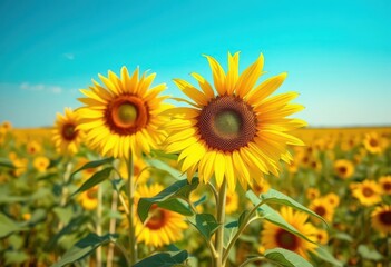 Fototapeta premium A vibrant yellow sunflower blooms in a vast sun-drenched field, floral, meadow