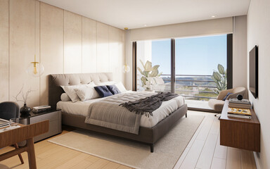 Dormitorio principal en tonos beige con balcon y vista al paisaje, 3d render