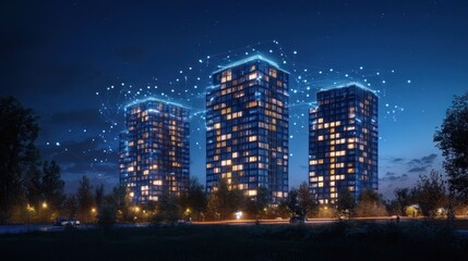 Modern apartment buildings at night with digital network connection