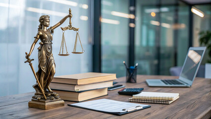 Lady Justice statue holds scales of justice, symbolizing fairness and legal balance in a modern office setting with warm lighting and a blurred background.