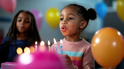 Obraz premium Young african female child blowing out birthday candles at party with colorful balloons