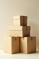 Obraz premium Neatly stacked cardboard boxes, various sizes, shipping, perspective