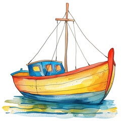 Colorful wooden fishing boat, watercolor illustration with simple lines on a white background