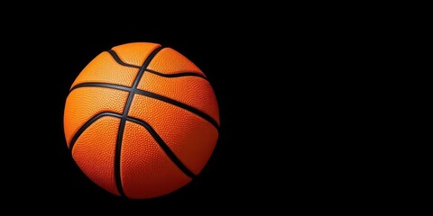 A lone basketball, perfectly centered against a stark black background, illustration, object