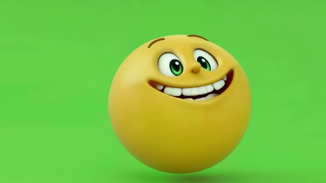 Animated smiling emoji character with bright eyes and cheerful expression on green background