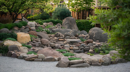 Obraz premium A photo of a rock garden with a harmonious arrangement of stones, stones intertwined with vibrant green grass, creating a harmonious natural landscape, created with generative ai