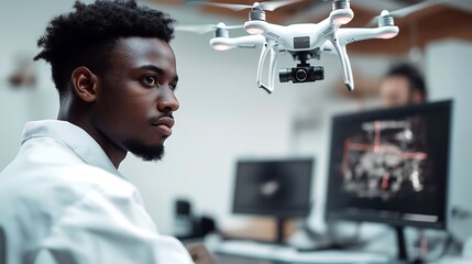 Young man studies drone technology in modern lab setting