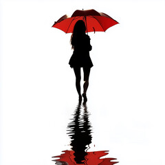 Young woman with red umbrella walks in the rain in wet street. Silhouette, reflection. Isolated, cut out, white background