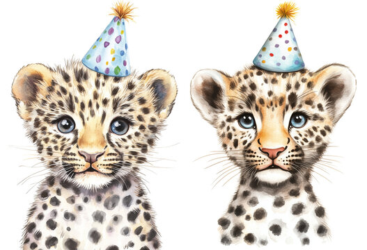 drawing portrait of cute baby leopard with birthday cap isolated on transparent background