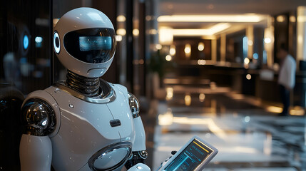 Futuristic AI-Powered Robot Welcomes Guests in Modern Hotel Lobby - Elevating Customer Service with Smart Technology and Innovation
