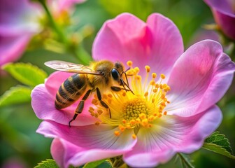 Pink Wild Rose Flower with Bee - Candid Nature Photography