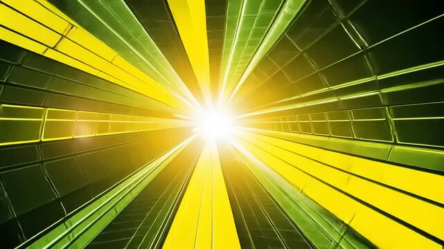 Abstract view of skyscraper glass reflecting sunlight, creating a vibrant green and yellow pattern