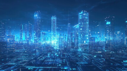 Fototapeta premium Futuristic city skyline at night with digital overlay. Use Stock photo