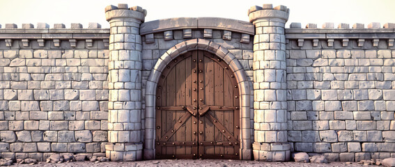 3D cartoon castle wall, wooden doors, game background, white background, sturdy design.