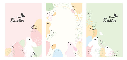 Set of Happy Easter greeting cards,posters, holiday covers with Easter eggs and floral decorative elements.Pink design with typography, hand painted plants, dots, eggs and bunny, in pastel colors.