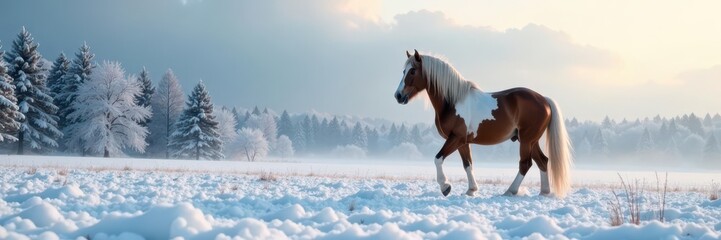 Obraz premium Majestic Frisian horse, snow-covered landscape, winter photography, beautiful