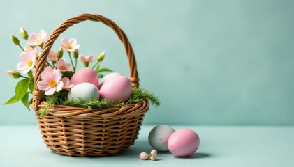 Fototapeta premium Rustic woven basket filled with pastel eggs and a delicate bouquet , beautiful, rustic, adorable