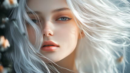 Fototapeta premium Close-up portrait of a young girl with lush white hair and blue eyes looking at the camera. Hair fluttering in the wind