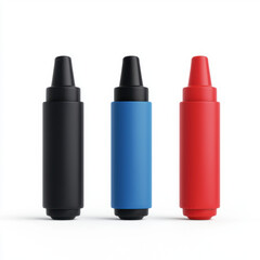 Three different colored bottles positioned on a white background, suitable for beverage advertisement or packaging design, featuring ample copy space for marketing or informational content