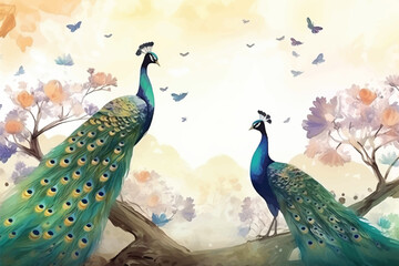 Watercolor Vector Background With Birds | Hand-Painted Wall Mate