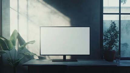 Fototapeta premium Conference room with blank, empty TV screen. Monitor mock up. Business meeting room with LCD screen for presentation, advertising. Modern, contemporary office. Free, copy space, template.