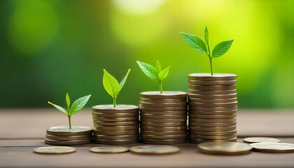 A row of growing plants emerge from stacked gold coins, symbolizing investment growth and financial prosperity, symbolizing financial growth and sustainability, created with generative ai