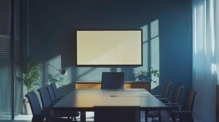 Conference room with blank, empty TV screen. Monitor mock up. Business meeting room with LCD screen for presentation, advertising. Modern, contemporary office. Free, copy space, template.