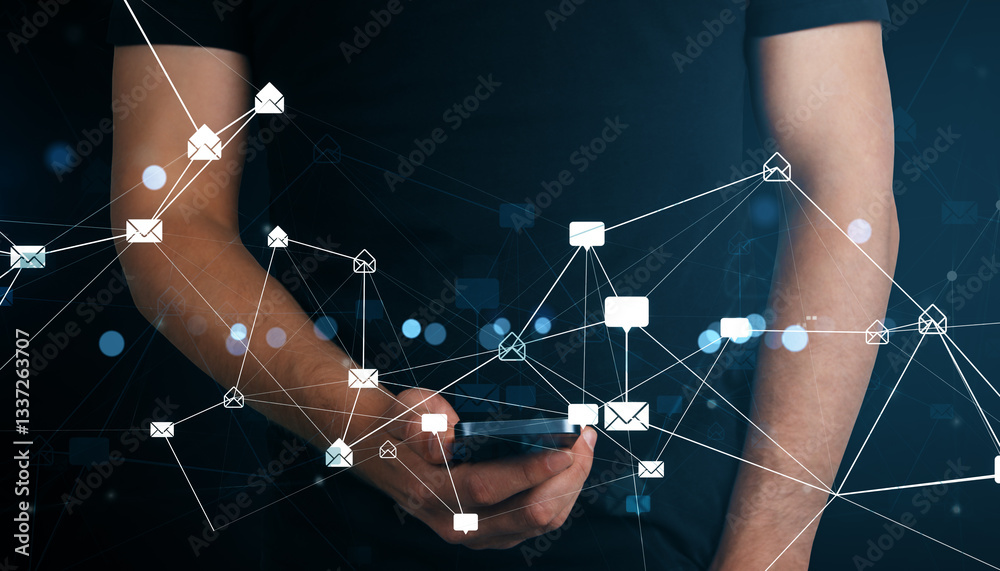 Poster Digital email communication concept with a man using smartphone.