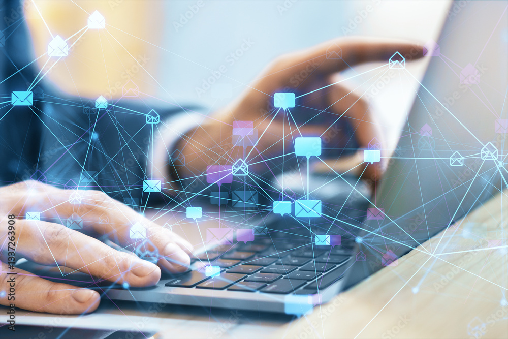 Poster businessman typing on laptop with digital email icons floating in virtual space.
