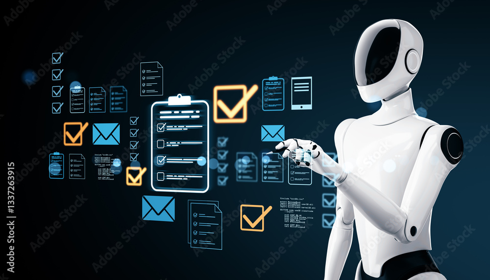 Poster Futuristic humanoid robot managing digital documents and checklists on a virtual interface. 3D Rendering
