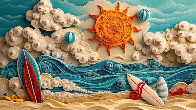A colorful seaside setting crafted from paper art showcases waves, sunshine, and seasonal items such as sunglasses and flip-flops