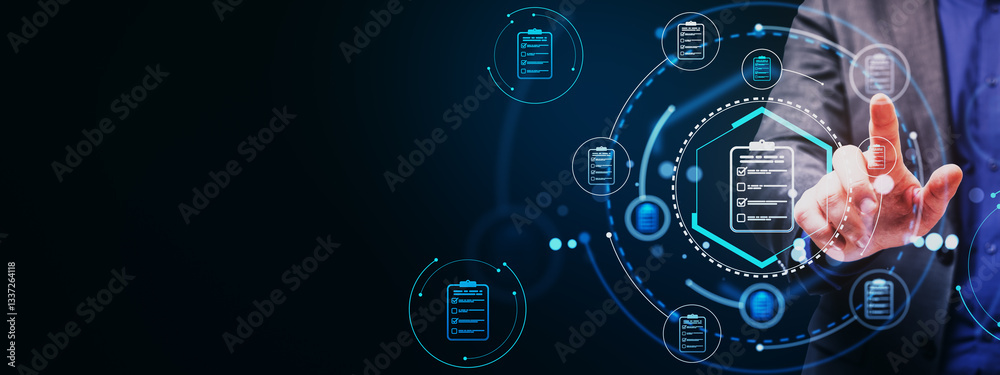 Poster Businessman touching digital interface with virtual document icons.