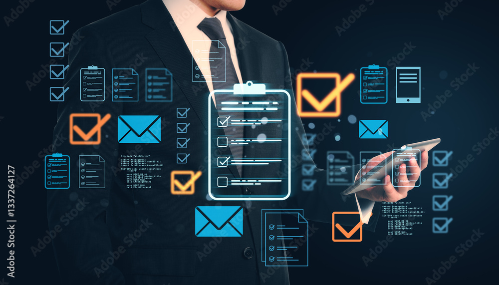 Poster businessman using a tablet with holographic digital document icons and checklists.
