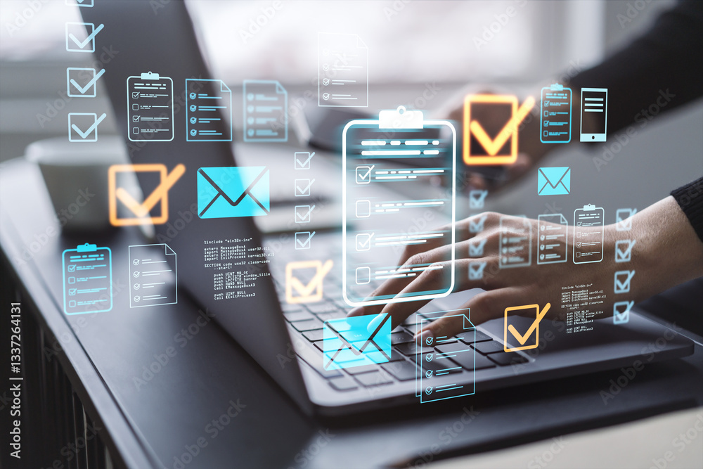 Poster digital document management concept with holographic interface.