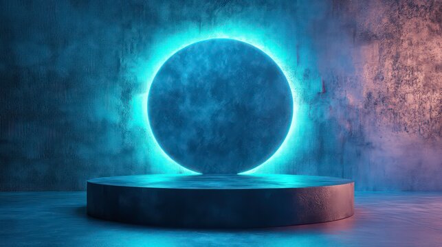Background podium 3D light neon blue platform stage product abstract. Scene background 3D podium dark pedestal room glow studio empty stand floor night modern circle show space display game led black