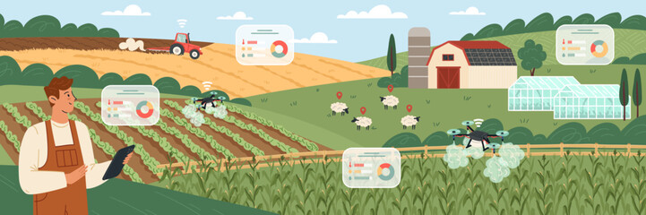 Farmer monitors crop health and livestock using advanced technology on a sunny summer day. Drones assist in collecting data while a tractor operates nearby on a lush green farm