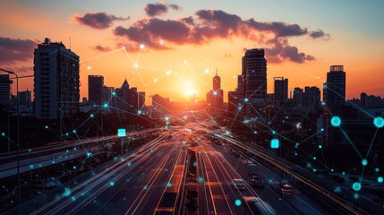 Obraz premium City highway at sunset with digital network overlay. Possible use Stock photo for technology, urban planning, future city concepts