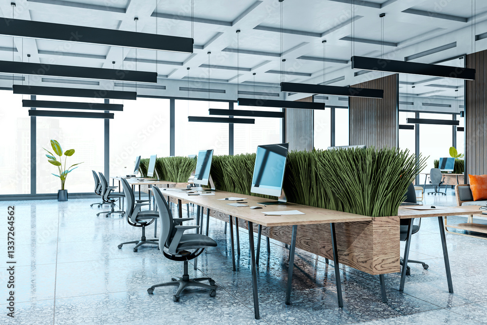 Poster modern open-plan office with wooden desks, ergonomic chairs, and green partitions. large windows and