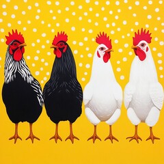 Fototapeta premium Four roosters in black, white, and grey against a yellow dotted background