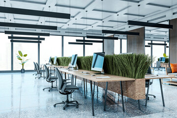Modern open-plan office with wooden desks, ergonomic chairs, and green partitions. Large windows and sleek lighting enhance the workspace. 3D Rendering