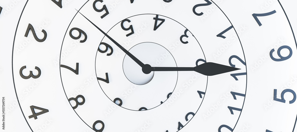 Aufkleber Abstract spiral clock with distorted numbers on a white background. 3D Rendering