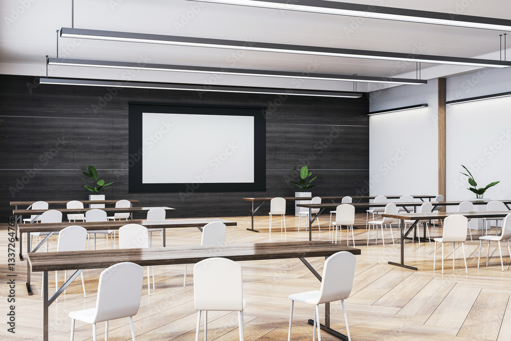 Aufkleber Modern empty classroom with white chairs and screen. **Description:** 3D Rendering