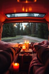 Fototapeta premium Cozy evening retreat in a camper van nestled among the trees on a tranquil road at dusk