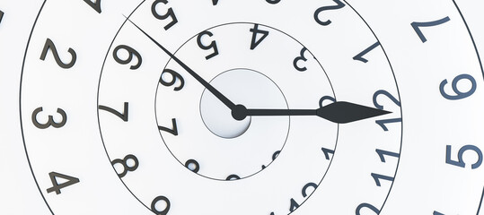 Abstract spiral clock with distorted numbers on a white background. 3D Rendering
