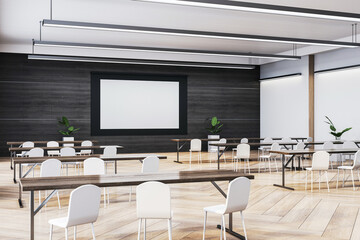 Modern empty classroom with white chairs and screen. **Description:** 3D Rendering