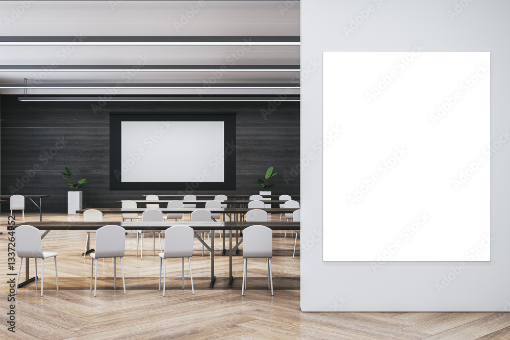 Poster modern auditorium with blank screen and wall for mockup. 3d rendering