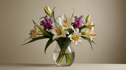Obraz premium Elegant flower arrangement, glass vase, lilies, orchids, daisies, vibrant colors, soft lighting, neutral background