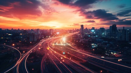 Obraz premium City highway sunset urban aerial view, possible stock photo use