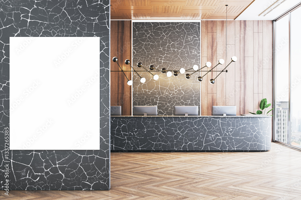 Poster modern hotel reception desk with luxury marble design and blank vertical poster on wall. 3d renderin